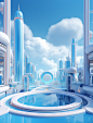 an image of an airport type scene, in the style of light azure and sky-blue, sci-fi baroque, soft and rounded forms, uhd image, whimsical cityscapes, daz3d, vibrant stage backdrops