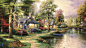 Thomas kinkade，艺术、 景观，美丽的壁画，家乡湖，绘画的房子、 小径、 桥 壁纸