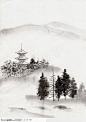中国国画之水墨风景-山林寺庙