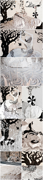 Mandy Smith算是位纸艺大师了，她将纸应用在包括雕塑、动画、时装乃至舞台艺术等等领域，效果出色。下面这个是其在荷兰阿姆斯特丹的一个圣诞橱窗设计_用纸制作的芭蕾舞天鹅湖场景，虽然只有黑白两色，但复杂繁复的细节起到很好的装饰效果。 via: http://t.cn/zOjtbut
