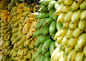 Stacks of yellow and green bananas and raw plantains