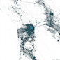 Twitter的世界 将09年以来twitter每条状态发布地址记录，就能得到这样地图。图中每个蓝色点就是一条twitter状态发布地址。可以看出那些地区twitter用户比较活跃，一般经济较发达，人口稠密，网络比较自由地区，颜色就比较深。北美大陆twitter状态地址；东京；旧金山；莫斯科；纽约；圣保罗；悉尼；首尔