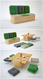乌克兰设计师Julia Kononenko设计了一款多功能变形沙发，外形酷似一个大木箱子，打开之后，箱子的盖子变成沙发靠背，其余部分变成沙发座。把靠背垫子和座位上的垫子拿下来之后，又变成六把凳子和一个餐桌。专为客厅设计，小户型的理想选择。 #家具# #设计#