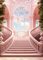 a 3d illustration of a staircase in an old palace, in the style of light pink and light crimson, tropical landscapes, rococo-inspired, light red, contemporary candy-coated, bold yet graceful, romanticized views