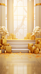 hall with gold flowers and gold boxes, in the style of minimalist backgrounds, contest winner