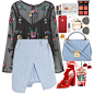 A fashion look from May 2017 featuring keyhole blouse, light blue skirts and red suede shoes. Browse and shop related looks.