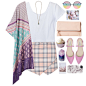 A fashion look from August 2015 featuring white t shirts, kimono robe and plaid skirt. Browse and shop related looks.