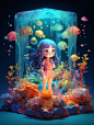 whole body!! Very cute ocean element sprite girl, long hair, underwater world, gradient color, glowing transparent coral and flowers, growing upwards, suspended in mid air, watercolor texture style, popmart blind box, clay material, bright background, awa