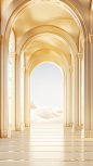 beautiful golden architecture building room interior illustration, in the style of arched doorways, opaque resin panels, 32k uhd, light yellow and light white, combining natural and man-made elements, art deco designer, rim light