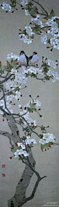 陈之佛 作品 《樱花小鸟》--- 陈之佛在1956年后，一改以往孤高、淡泊、沉郁的格调，着意追求的是清新、明快、活泼的意境。《樱花小鸟》就是这样一件代表作，具有“真、美、精、新”的特点。