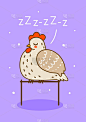 可爱的鸡在紫色的背景-卡通睡觉的母鸡人物为开心农场设计