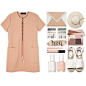 A fashion look from August 2016 featuring flat pumps, studded envelope clutch and summer straw hats. Browse and shop related looks.