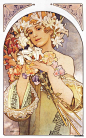 阿方斯·慕夏(1860-1939)alphonse mucha 波西米亚人，1860年出生于捷克共和国莫拉维亚, 希望能成为一个历史画家.慕夏在今日已是捷克公认的国宝，其所创作的海报与饰板，更是现代印刷美术设计的典范。他所创造出的画中女子，优雅迷人、在欲言又止中带着一股诱人心魄的魅力，与毕尔斯利、克林姆笔下的奇特异色女子，形成强烈的对比，塑造出属于慕夏个人独特而甜美的清新典型，而成为新艺术中的佼佼者。