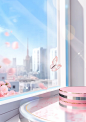 pink flower petals and butterfly in window, in the style of grandiose cityscape views, unreal engine 5, sky-blue and white, danish design, wavy resin sheets, polka dots, light-filled interiors