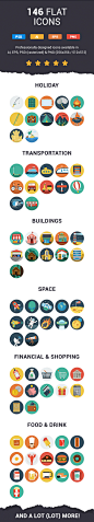 146 Awesome Flat Icons : Creation of an awesome set of 146 flat icons. This pack includes AI, EPS, PSD, SVG and PNG files. Feel free to check and purchase the whole list of icons on our website: Flat-Icons.comLet's make the web more beautiful :)