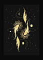 Cosmic Pisces, two koi fish, gold foil and black paper with stars and moon by Cocorrina