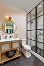 Mid-sized beach style 3/4 white tile and ceramic tile ceramic tile, gray floor and single-sink bathroom photo in Detroit with furniture-like cabinets, light wood cabinets, a two-piece toilet, beige walls, an undermount sink, solid surface countertops, a h