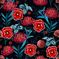 Dark garden night  Seamless Pattern botanical  red flowers, Isolated on colorful Floral  Decoration vector Texture. hand drawn  Style Design for Fabric Print,