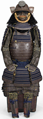 Armor by Saotome Ietada, Edo period, circa 1690-1720, do, helmet and menpo in russet iron, accentuated with matching-russet lacquer components laced in blue kiritsuke lacing, sixty-two plate suji kabuto   bowl signed [ ] shu ju Saotome Ietada, silvered dr