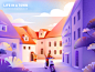 Life in a town - New Morning ( PS ) landscapes morning sunshine motorcycle motorbike greeting greetings italy landscape town purple red orange illustration 张小哈