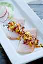 Cured Hamachi with Mango-Peppercorn Salsa and Wasabi-Edamame Purée