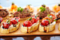 Bruschetta with cheese, tomatoes and foie gras pate