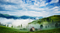 General 1920x1080 nature landscape clouds trees valley mountain hill mist field grass forest house haystacks pine trees morning