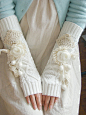 编织 手套 时尚 白色蕾丝钩花 流苏露指 乳白色长手套 #编织#