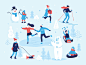 冬天心情ivent夫妇户外偶然休闲雪人sledding滑雪滑冰的公园活动儿童公平的设计人infographic例证传染媒介平的冬天