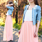 Ariadna Majewska - Sheinside Pink Maxi Dress, Tbdress Denim Jacket With Pearl Collar, Bershka White Top - A breath of summer