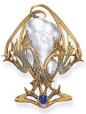 AN ART NOUVEAU ENAMEL, PEARL AND SAPPHIRE BROOCH. Centering upon a baroque pearl, within a green and orange plique-à-jour enamel foliate surround, to the scrolling gold borders, enhanced by a cabochon sapphire, mounted in 18k gold, circa 1900, with French