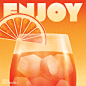 其中可能包括：an orange drink with ice and garnish on the rim is featured in this retro poster