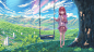 Anime 1920x1080 clouds dress barefoot shelter video redhead trees swings