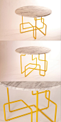 柏林设计师Livius Härer和Ada Ihmels设计的这张餐桌叫做「KST」，桌面采用白色的雕像用大理石，桌腿用铁管弯成，外面涂有亮黄的漆。铁管朝个个方向延伸，仿佛下水道里的管道网络。更多精彩设计请访问设计癖：http://www.shejipi.com/
