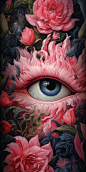 an illustration of a eye surrounded by roses, pink carnations, and others, in the style of max rive, attention to fur and feathers texture, dino valls, realist detail, surrealistic grotesque, 8k resolution, realistic depiction of light
