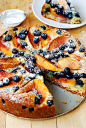 peach and blueberry greek yogurt cake.