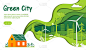 城市绿色城市概念。巨大的绿色浪潮与绿色城市和自然的照片连接到屋顶安装太阳能板的房子。平面风格矢量插图