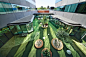The outpatient courtyard features two-toned synthetic turf and concrete donuts.