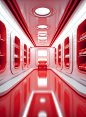 Red shelves , fashion style, wide-angle lens,, deep white and red, realistic color scheme, vibrant illustrations, rendered cinema4d style, lit with red, in Art Deco style, straight line form, filled with light, security camera