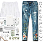 A fashion look from January 2017 featuring white off shoulder top, blue skinny jeans and perspex shoes. Browse and shop related looks.