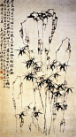 《墨竹图》 清 郑燮 

纸本，纵120厘米 横69.3厘米 

墨笔 画面构图居中，画新竹二竿，竹后二方石块挺立。略有明暗前后关系，竹叶在前的用色浓重清晰，在后的则以略淡之墨完成。 
