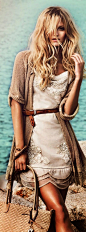 Adorable Boho Lace Cardigan with White Belted Dress  | LadyLuxury