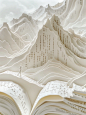 This is an open book with the pages carved into mountain shapes. (一本打开的书，书页被雕刻成山)
Characters are written on them. (上面写着字符)
The white paper background color creates a sense of depth in space.(白色的纸张营造出空间的深度感)
There is a man walking up to these mountains fro