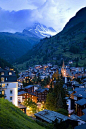 Zermatt at twilight and the Matterhorn enshrouded in clouds, Switzerland