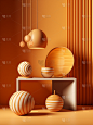 橙黄色内饰，配有球形灯具和陶瓷碗，采用条纹排列、单色平面设计，桌面布景c4d渲染