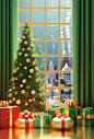 3d scene with christmas tree, presents and some windows, in the style of kitsch aesthetic, green and gold, vray, hallyu, , sigma 85mm f/1.4 dg hsm art, bold color usage