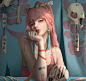Anime 3840x3632 artwork fantasy art women fantasy girl long hair pink hair blue eyes skeleton robot Trungbui