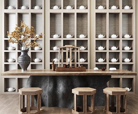 新中式茶桌, 茶具, 柜子, 盆栽, 矮...