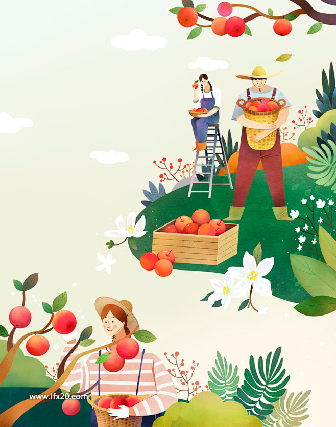 秋季丰收苹果萝卜海鱼咖啡水果蔬菜插画海报