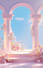 flower arrangement in a pink frame scenery photoshop templates, in the style of classical architecture, octane render, kawaii aesthetic, light cyan and light amber, stage-like environments, 32k uhd, columns and totems